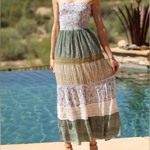 NWT Angie Boho Strapless Patchwork Maxi Dress Bohemian Green, Olive, Jade,Cream - Picture 2 of 8